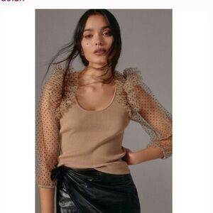 Dolan fall Sheer Sleeve Sweater Top Brown Ribbed Polka Dot Ruffles Scoop Neck
